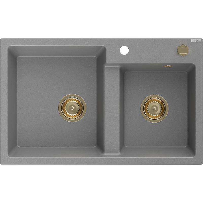 Mexen Tomas granieten gootsteen 2-kamer 800 x 500 mm, grijs, gouden sifon - 6516802000-71-G