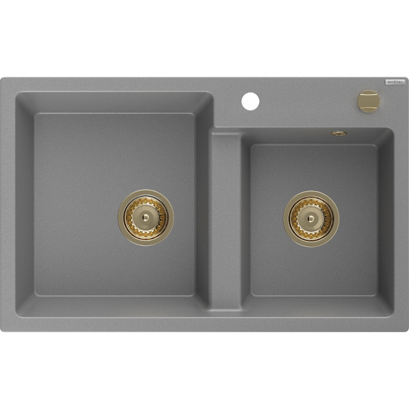 Mexen Tomas granitische dubbele wasbak 800 x 500 mm, grijs, gouden sifon - 6516802000-71-G