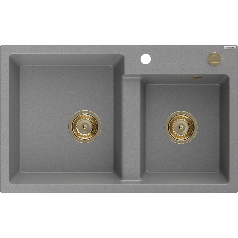 Mexen Tomas lava-louça em granito de 2 cubas 800 x 500 mm, cinza, sifão dourado - 6516802000-71-G