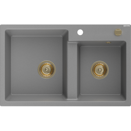 Mexen Tomas fregadero de granito de 2 compartimentos 800 x 500 mm, gris, sifón dorado - 6516802000-71-G