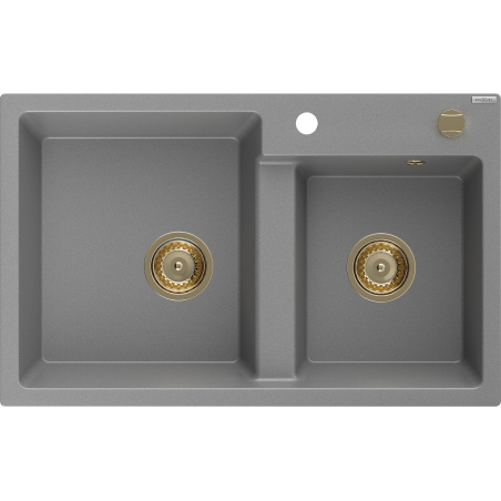 Mexen Tomas granieten gootsteen 2-kamer 800 x 500 mm, grijs, gouden sifon - 6516802000-71-G