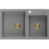 Mexen Tomas granieten gootsteen 2-kamer 800 x 500 mm, grijs, gouden sifon - 6516802000-71-G