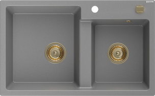 Mexen Tomas granieten gootsteen 2-kamer 800 x 500 mm, grijs, gouden sifon - 6516802000-71-G