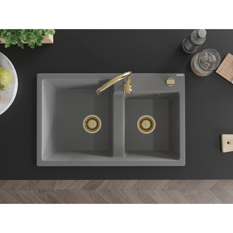 Mexen Tomas granieten spoelbak 2-kamer 800 x 500 mm, grijs, gouden sifon - 6516802000-71-G