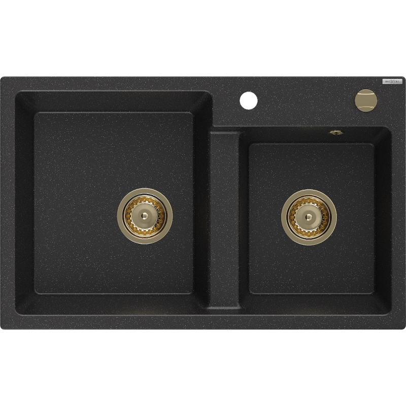 Mexen Tomas granite sink 2-chamber 800 x 500 mm, black/silver metallic, gold siphon - 6516802000-73-G