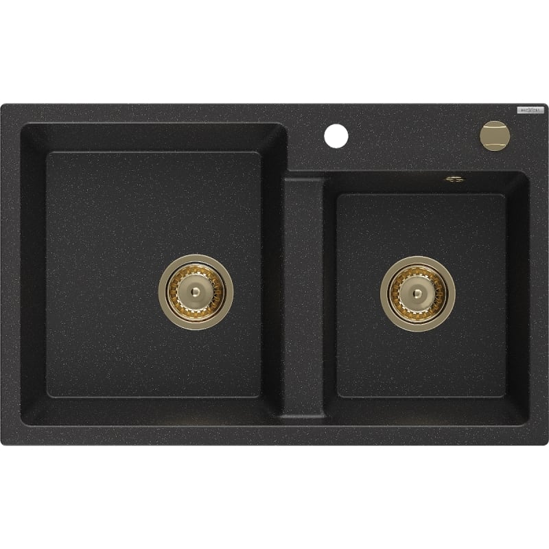 Mexen Tomas granitizlietnis ar 2 nodalījumiem 800 x 500 mm, melns/sudraba metālisks, sifons zelta - 6516802000-73-G