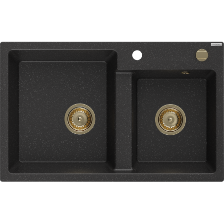 Mexen Tomas granite sink 2-chamber 800 x 500 mm, black/silver metallic, gold siphon - 6516802000-73-G