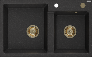 Mexen Tomas Granitspüle 2-Kammer 800 x 500 mm, schwarz/silber metallic, Syphon gold - 6516802000-73-G