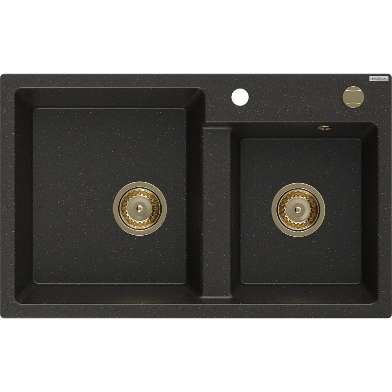 Mexen Tomas granieten spoelbak 2-kamer 800 x 500 mm, zwart/goud metallic, gouden sifon - 6516802000-75-G