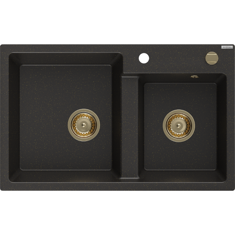 Mexen Tomas granitdiskbänk med 2 fack 800 x 500 mm, svart/guld metallic, guld sifon - 6516802000-75-G