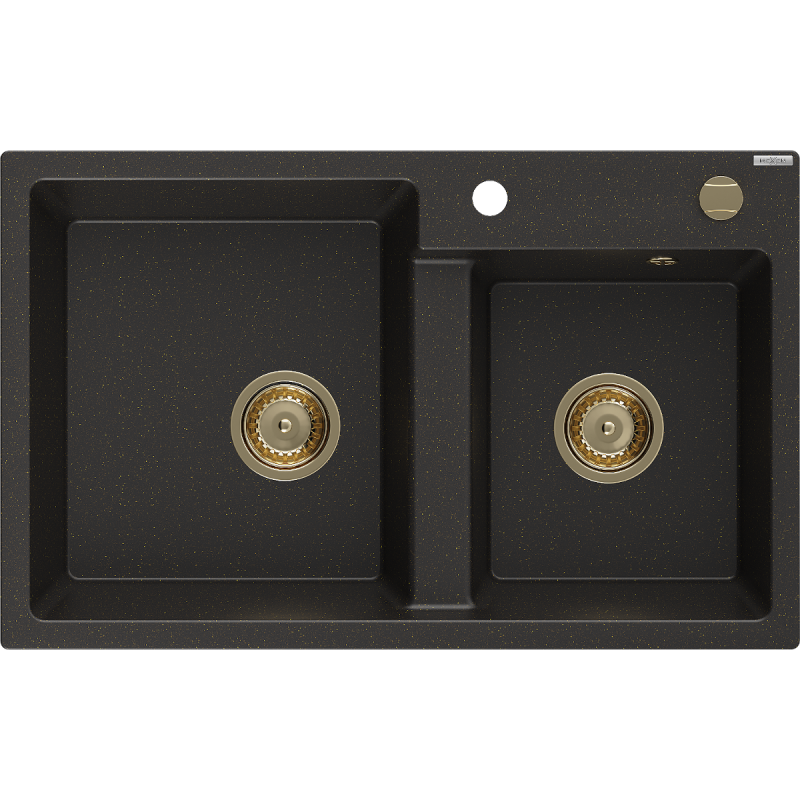 Mexen Tomas lava-louça de granito de 2 cubas 800 x 500 mm, preto/dourado metálico, sifão dourado - 6516802000-75-G