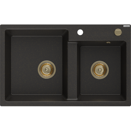 Mexen Tomas fregadero de granito de 2 cubetas 800 x 500 mm, negro/metalizado dorado, sifón dorado - 6516802000-75-G