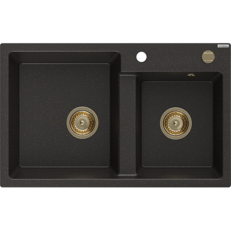 Mexen Tomas granitdiskbänk med 2 fack 800 x 500 mm, svart/guld metallic, guld sifon - 6516802000-75-G