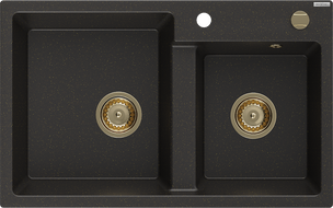Mexen Tomas granieten spoelbak met 2 kamers 800 x 500 mm, zwart/goud metallic, gouden sifon - 6516802000-75-G