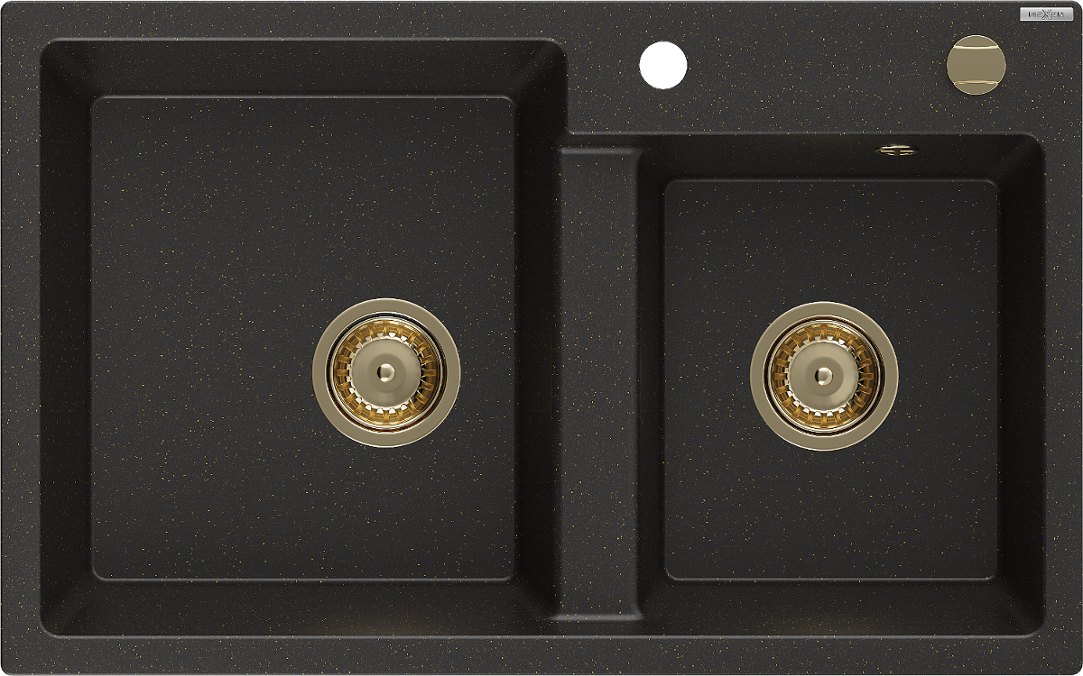 Mexen Tomas zlewozmywak granitowy 2-komorowy 800 x 500 mm, czarny/złoty metalik, syfon złoty - 6516802000-75-G
