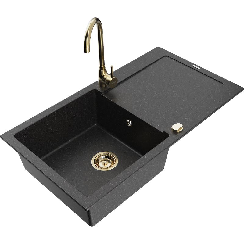 Mexen Leo Granitspüle 1-Becken mit Abtropffläche und Küchenarmatur Telma, schwarz/silber metallic - 6501-73-670200-50
