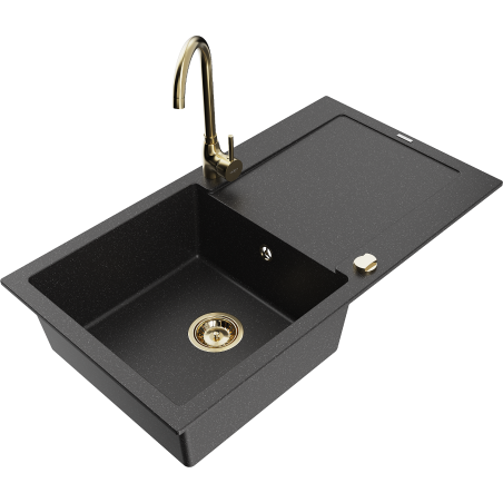 Mexen Leo granite sink 1-bowl with drainer and Telma kitchen tap, black/silver metallic - 6501-73-670200-50
