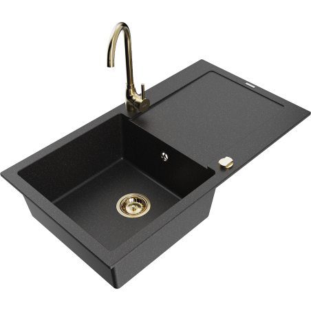 Mexen Leo granitische spoelbak 1-komor met afdruiprek en keukenmengkraan Telma, zwart/zilveren metallic - 6501-73-670200-50