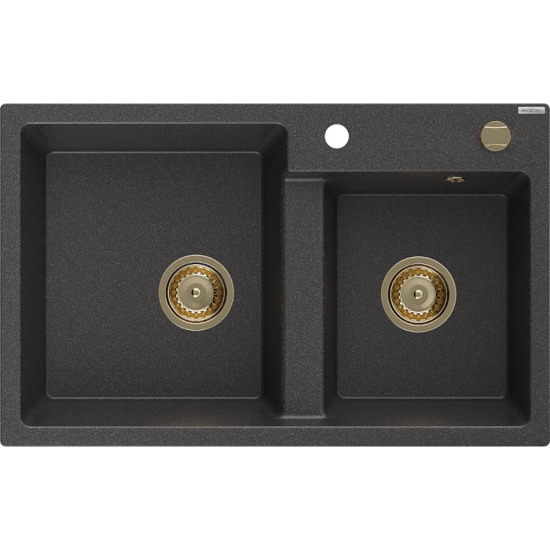 Mexen Tomas évier en granit à 2 bacs 800 x 500 mm, noir moucheté, siphon doré - 6516802000-76-G