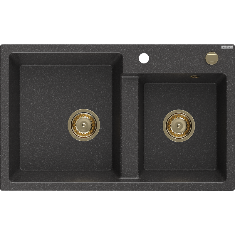 Mexen Tomas fregadero de granito de 2 compartimentos 800 x 500 mm, negro moteado, sifón dorado - 6516802000-76-G