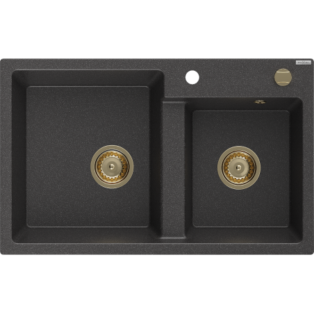 Mexen Tomas fregadero de granito de 2 compartimentos 800 x 500 mm, negro moteado, sifón dorado - 6516802000-76-G