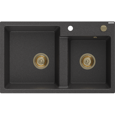 Mexen Tomas granieten gootsteen 2-kamerig 800 x 500 mm, zwart gevlekt, gouden sifon - 6516802000-76-G