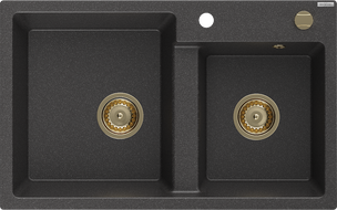 Mexen Tomas granite kitchen sink 2-bowl 800 x 500 mm, black speckled, golden siphon - 6516802000-76-G
