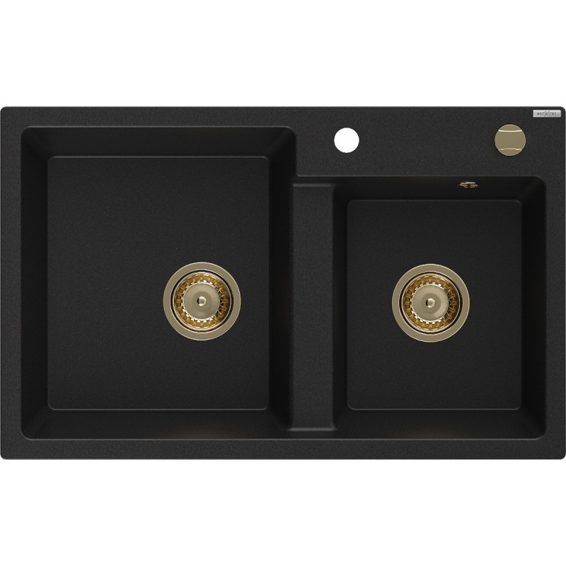 Mexen Tomas granitenspoelbak met 2 kamers 800 x 500 mm, zwart, gouden sifon - 6516802000-77-G