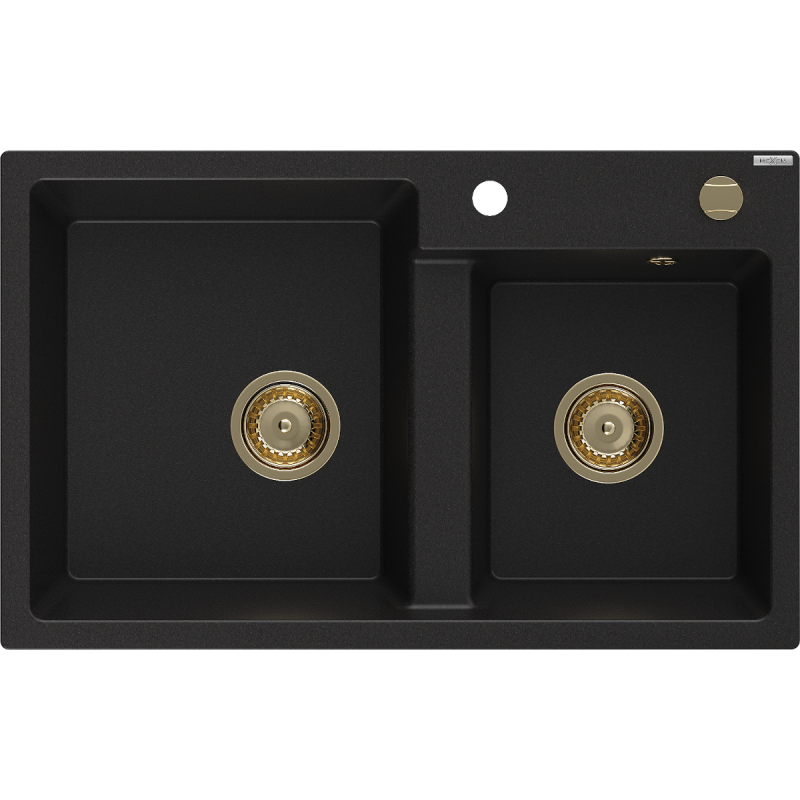 Mexen Tomas lavello in granito a 2 vasche 800 x 500 mm, nero, sifone dorato - 6516802000-77-G