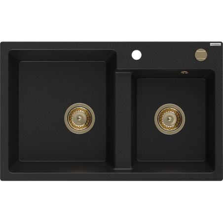 Mexen Tomas granieten gootsteen 2-kamer 800 x 500 mm, zwart, gouden sifon - 6516802000-77-G