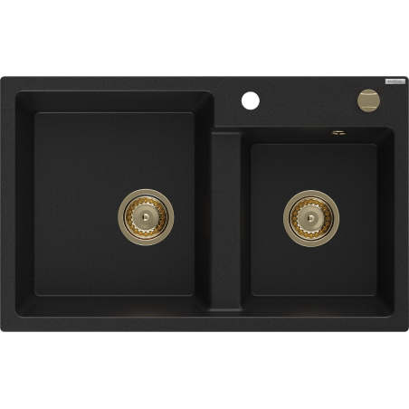 Mexen Tomas Granitspüle 2-Becken 800 x 500 mm, schwarz, Siphon gold - 6516802000-77-G