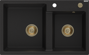 Mexen Tomas granieten gootsteen 2-kamer 800 x 500 mm, zwart, gouden sifon - 6516802000-77-G