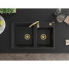 Mexen Tomas fregadero de granito de 2 tazones 800 x 500 mm, negro, sifón dorado - 6516802000-77-G