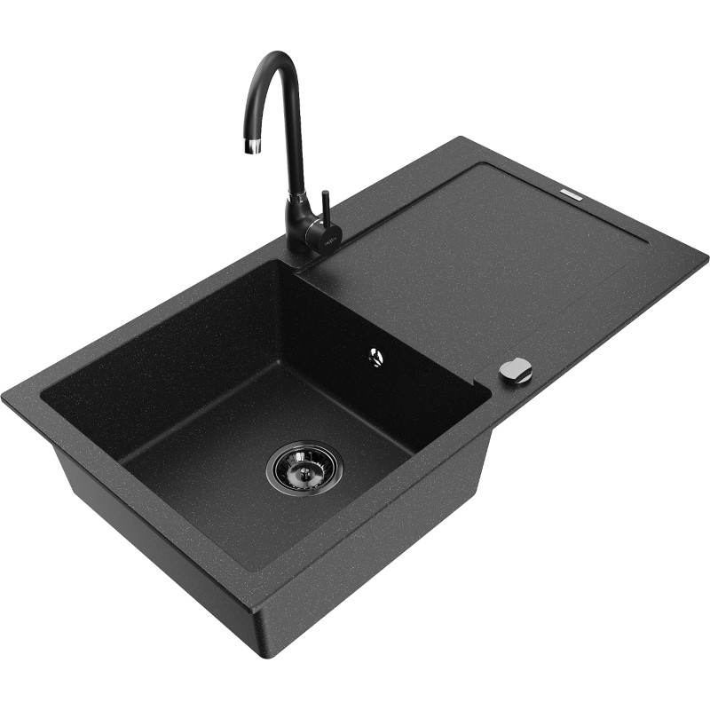 Mexen Leo granitische gootsteen met 1 bak, afdruiprek en keukenkraan Telma, zwart/zilver metallic - 6501-73-670200-70-B