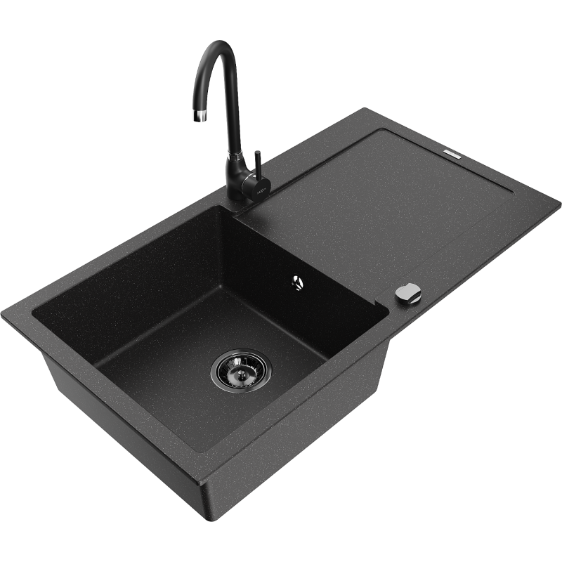Mexen Leo Granitspüle 1-Kammer mit Abtropffläche und Küchenarmatur Telma, schwarz/silber metallic - 6501-73-670200-70-B