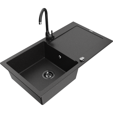 Mexen Leo 1-Bowl Granite Sink with Drainer and Telma Kitchen Tap, Black/Silver Metallic - 6501-73-670200-70-B