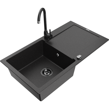 Mexen Leo Granitspüle 1-Kammer mit Abtropffläche und Küchenarmatur Telma, schwarz/silber metallic - 6501-73-670200-70-B