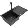 Mexen Leo Granitspüle 1-Kammer mit Abtropffläche und Küchenarmatur Telma, schwarz/silber metallic - 6501-73-670200-70-B