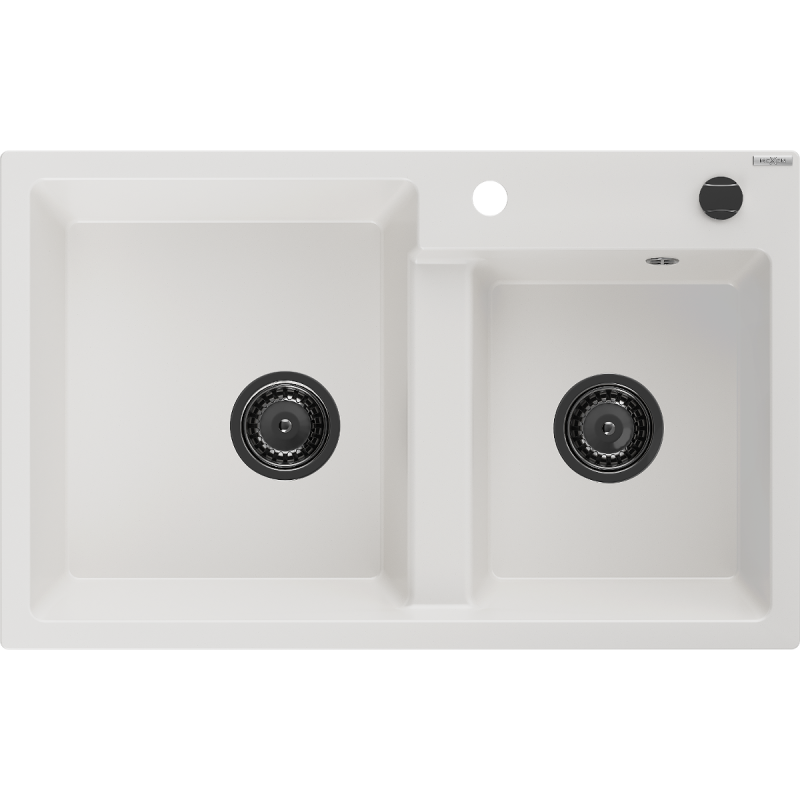 Mexen Tomas lavello in granito a 2 vasche 800 x 500 mm, bianco, sifone nero - 6516802000-20-B