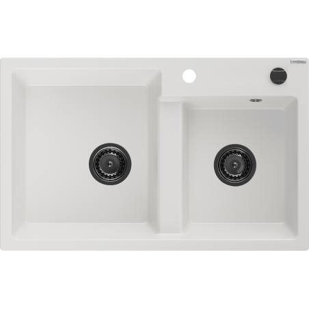 Mexen Tomas lavello in granito a 2 vasche 800 x 500 mm, bianco, sifone nero - 6516802000-20-B