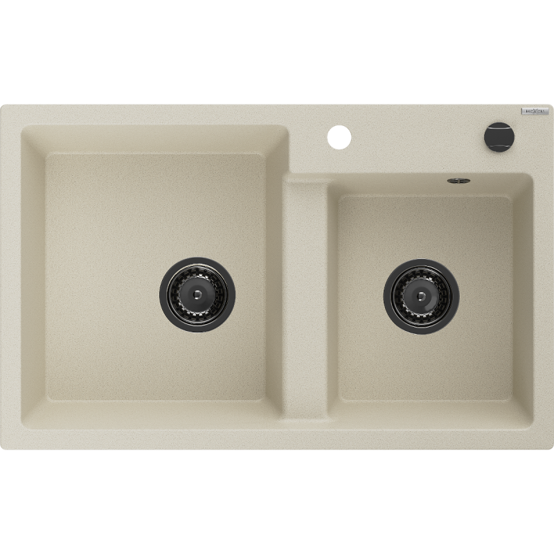 Mexen Tomas fregadero de granito de 2 cubetas 800 x 500 mm, beige, sifón negro - 6516802000-69-B