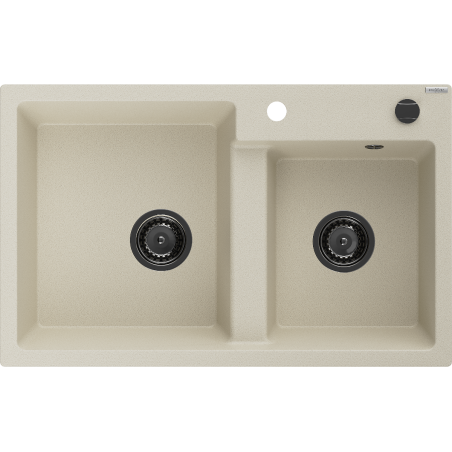 Mexen Tomas évier en granit à 2 bacs 800 x 500 mm, beige, siphon noir - 6516802000-69-B