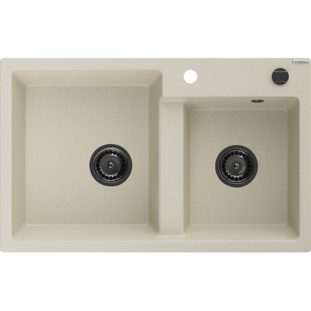 Mexen Tomas Granitspüle 2-becken 800 x 500 mm, beige, schwarzer Siphon - 6516802000-69-B