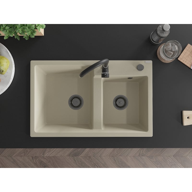 Mexen Tomas 2-Bowl Granite Sink 800 x 500 mm, Beige, Black Siphon - 6516802000-69-B