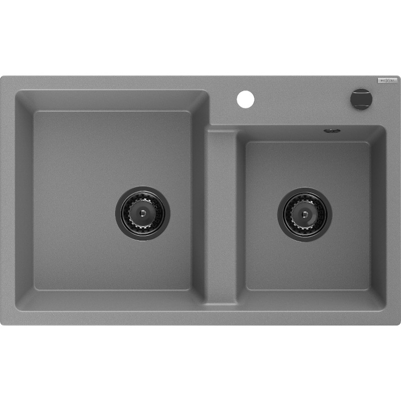 Mexen Tomas granite double-bowl sink 800 x 500 mm, gray, black siphon - 6516802000-71-B