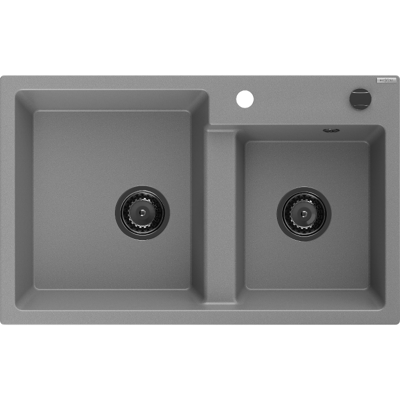 Mexen Tomas granitische gootsteen met 2 kamers 800 x 500 mm, grijs, zwart sifon - 6516802000-71-B