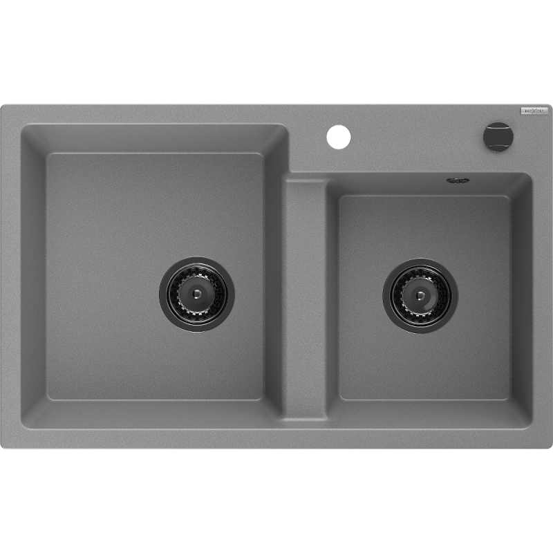 Mexen Tomas lava-louça em granito de 2 cubas 800 x 500 mm, cinza, sifão preto - 6516802000-71-B