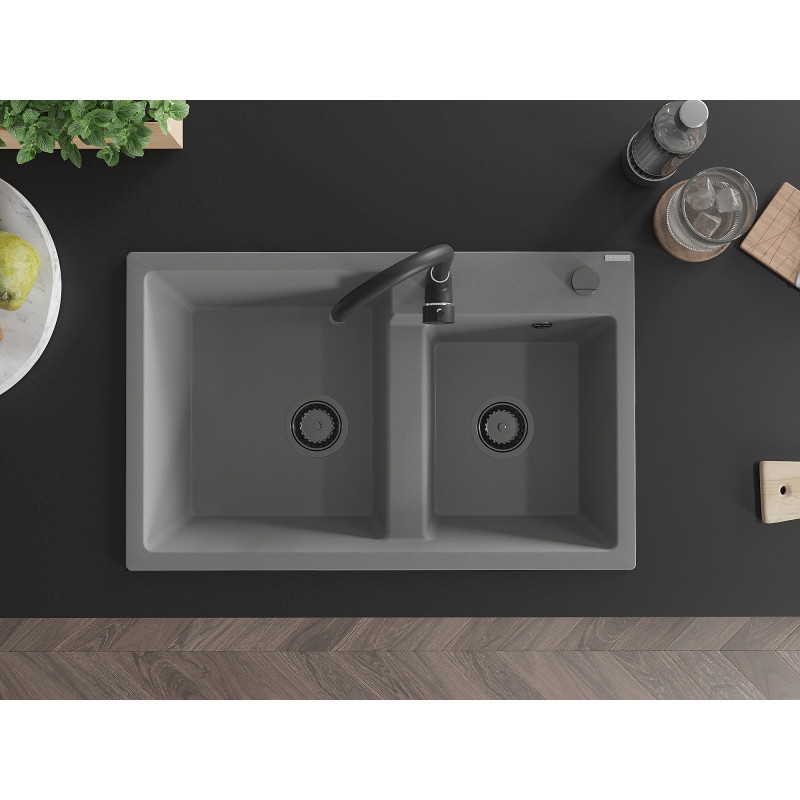 Mexen Tomas granite double-bowl sink 800 x 500 mm, gray, black siphon - 6516802000-71-B