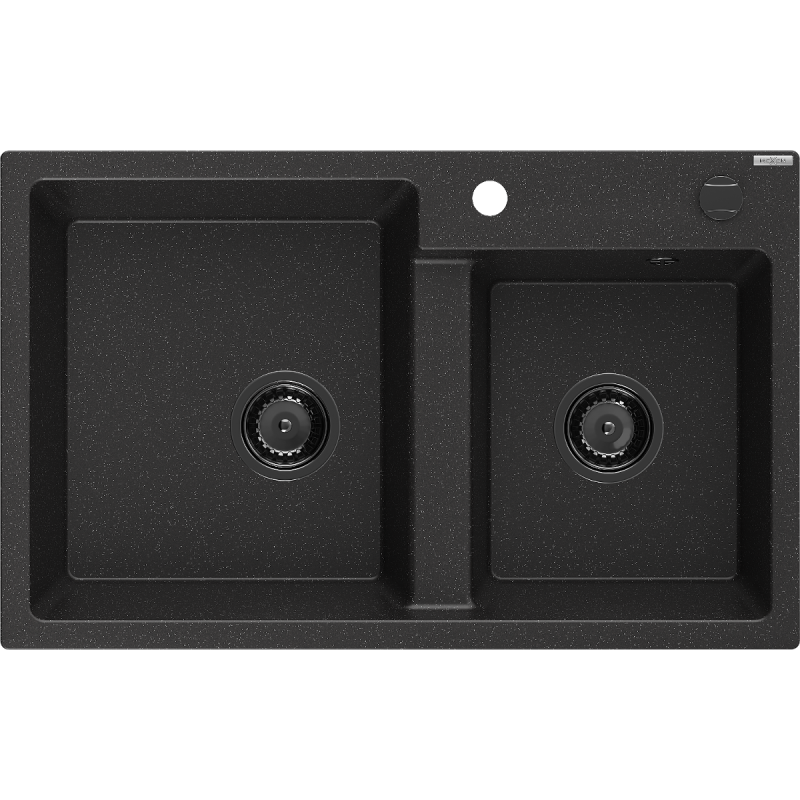 Mexen Tomas fregadero de granito de 2 compartimentos 800 x 500 mm, negro/plateado metálico, sifón negro - 6516802000-73-B