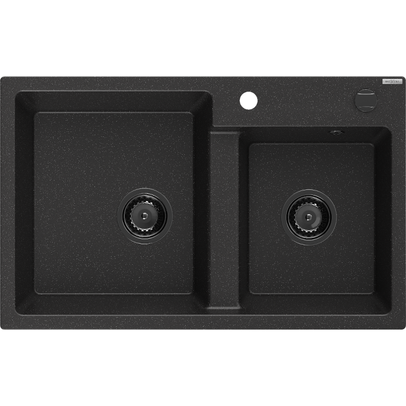 Mexen Tomas Granitspüle 2-Kammer 800 x 500 mm, schwarz/silber Metallic, schwarzer Siphon - 6516802000-73-B